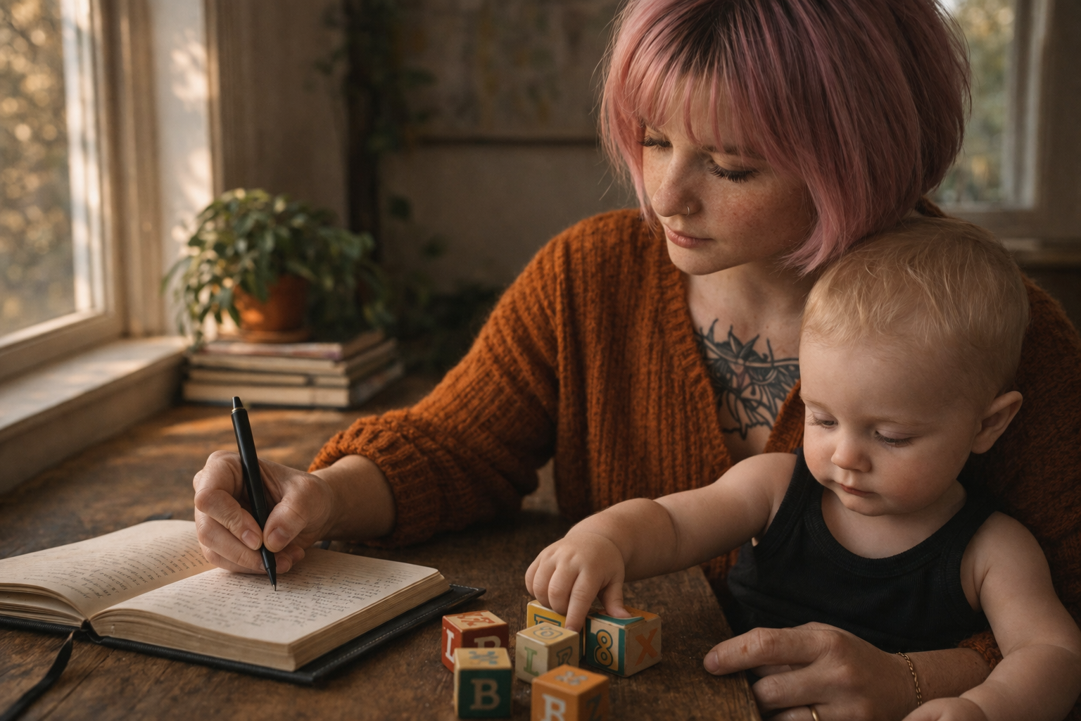 Warm editorial image of a strong woman in a cozy home space, symbolizing resilience, motherhood, healing, and sustainable wellness.
